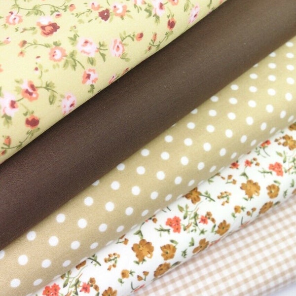 Beige & Brown - Floral POLYCOTTON 5 Fabric Bundle - FAT QUARTERS Geometric Lightweight Sewing Craft Sew Patchwork Bunting Accessories x