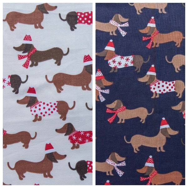 Dachshund Dogs Christmas/Xmas Animals Pets Design POLYCOTTON Fabric - HALF A METRE Lightweight Sewing Craft Clothes Bags Quilting Bunting x