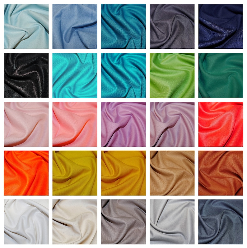 May include: A collection of 25 fabric swatches in various colors and textures. The swatches are arranged in a grid pattern, with each swatch showing the fabric's drape and texture.