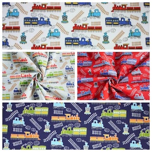Train Track Steam Trains Vehicles Boys Kids Childrens POLYCOTTON Fabric - HALF A METRE Lightweight Thin Sewing Craft Bunting Accessories x