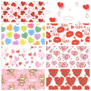 Love Hearts Floral Shapes Balloons Cupid Teddy Bear Sweets Lips Valentines Day Girlfriend Digital Cotton Fabric - HALF A METRE - Pick Design