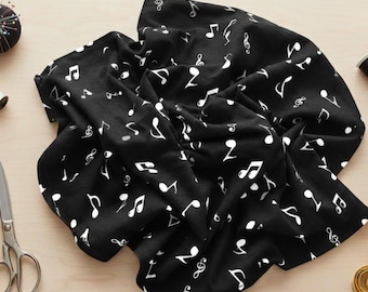 Black and White Music Notes Clef Mens Boys 100% Cotton Poplin Fabric 130gsm Sewing Quilting Craft Home Decor