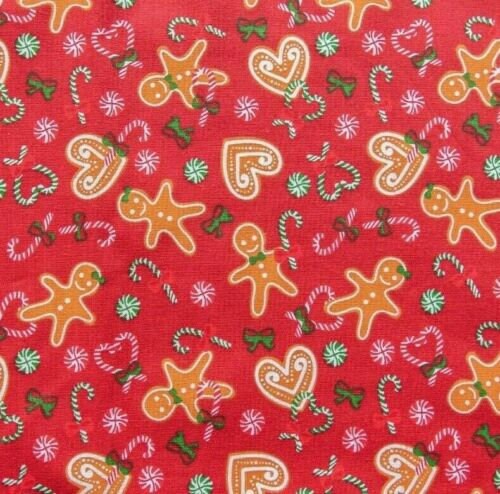 RED GINGERBREAD MEN Christmas Fabric Polycotton Fabric Xmas Material Metre 