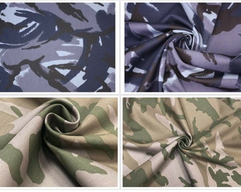 Tela de poliéster y algodón con estampado de camuflaje azul o verde, 150 cm, peso medio, para coser chaquetas, pantalones, disfraces, manualidades y ropa.