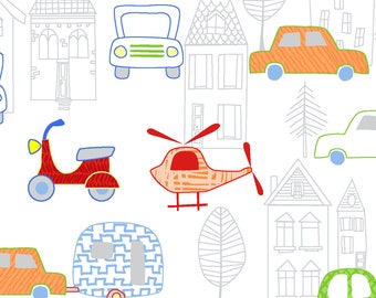 May include: A colorful illustration of a town with houses, cars, a helicopter, a scooter, and a camper. The illustration is drawn in a simple, childlike style.