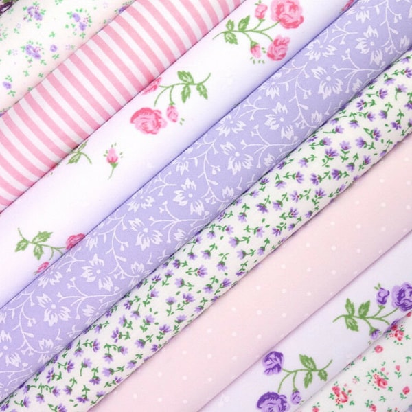 Lilac & Pink - POLYCOTTON 10 Fabric Bundle - FAT QUARTERS Floral Flowers Stripes Lightweight Sewing Craft Patchwork Bunting Floral Gingham