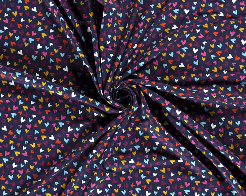 Mini Hearts Colourful Navy Kids Novelty Cotton Jersey Dress Dresses Stretch Fabric Soft /& Luxurious 150cm Half a Metre 60