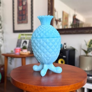 Vintage French Blue Opaline Glass Pineapple Candy Dish, Portieux Vallerysthal Style Covered Trinket Box, Footed Turquoise Milk Glass 7"