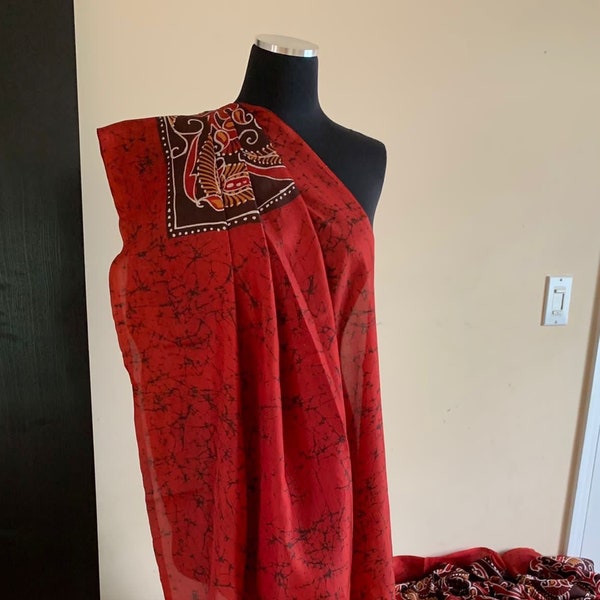 Bellissimo sari in seta batik rosso intenso e marrone caffè/sari su telaio a mano/spedito dagli USA/singaara saree