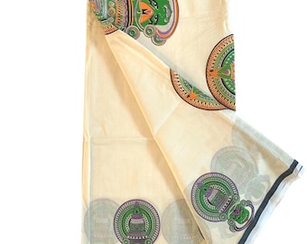 Handloom Cotton Set Saree: Kathakali Motif, Balaramapuram Weave, Off-White Sari