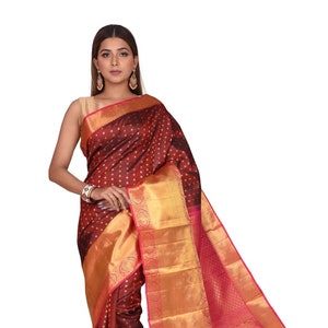 Bridal Kanchipuram Silk Saree: Brown & Pink Wedding Sari