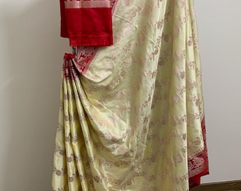 Banarasi Semi Mashru Silk Saree / Creamy Ivory and Red Sari / Wedding Saree / Partywear