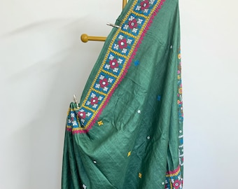 Tussar Silk Saree with Kutch and Parsigara Embroidery | Green | Ships from USA
