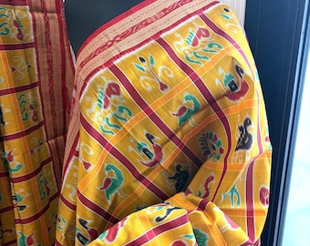 Handwoven Khandua Pata Silk Saree: Nabakothi Ikat Motifs, Odisha Silk Sari, Yellow, Haldi Ceremony Saree