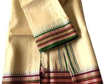 Beige Handloom Vidarbha Karvati Kinar Tussar Silk Saree with Ganga Jamuna Border