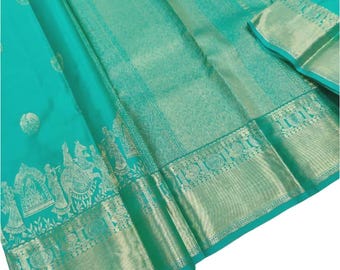 Kanchipuram Soft Silk Saree: Wedding Sari, Engagement, Festival, Anniversary, Sea Green
