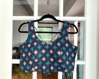 Navy Blue Printed Saree Blouse: Indian Crop Top Choli, Sleeveless