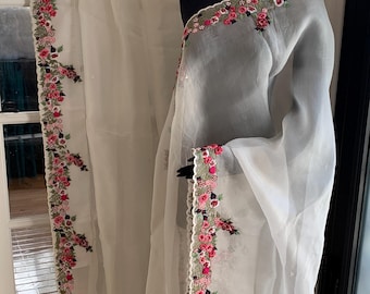 Off-White Organza Silk Saree: French Knot Embroidery, Pearl Work