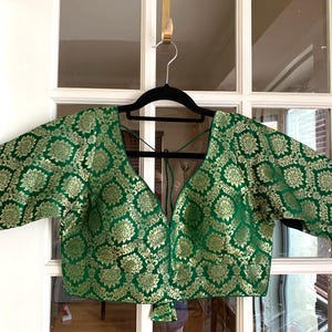 Green Banarasi Brocade Saree Blouse: Indian Wedding Crop Top