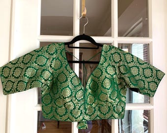 Green Banarasi Brocade Saree Blouse: Indian Wedding Crop Top