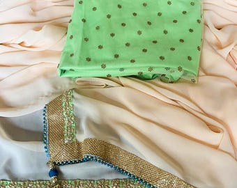 Peach Faux Georgette Saree: Indian Wedding Outfit with Pearl & Gold Glitter | Designer Sari