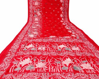 Handmade Red Silk Kantha Saree: Lotus Embroidery, Cocktail Party