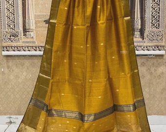 Yellow Cotton Silk Saree: Handloom Zari Border, Elegant Indian Sari / Ships from USA