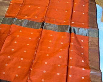 Maheshwari Cotton Silk Saree: Handloom Zari Border, Elegant Indian Sari, Brick Red, Ships from USA