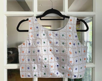 White Faux Mirror Saree Blouse: Indian Crop Top Choli, White, Ships from USA