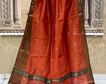Brick Red Cotton Silk Saree: Handloom Zari Border, Elegant Indian Sari