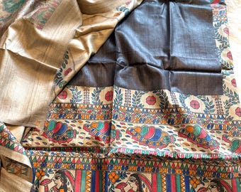 Handloom Tussar Silk Saree: Madhubani Hand Painted Indian Ethnic Wear