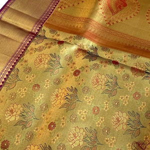 Kanchipuram Silk Saree : Handgewebte indische Hochzeits Sari - Gold & Kastanienbraun