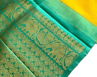 Kanchipuram Silk Saree: Lemon Yellow & Cyan Blue, Gold Zari Paisley