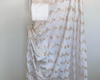 Banarasi Mashru Semi Silk Saree / Off White Sari Kerala Christian Wedding / Ships from USA