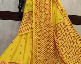 Kutch mirror Embroidery Saree, Semi Silk, ships from USA