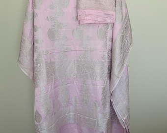 Baby Pink Handwoven Banarasi Mashru Silk Saree: Silver Zari Floral Vines, Bridal Wedding Sari