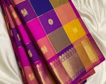 Pure Kanchipuram Silk Saree: Handloom Checks with Zari Borders, Bridal Wedding Wear
