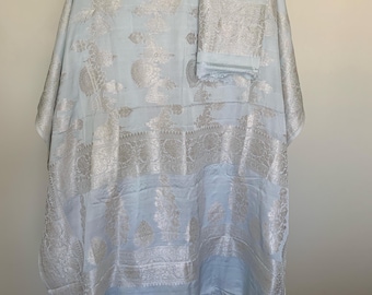 Banarasi Pure Mashru Silk Saree: Handwoven silver  Zari, Powder Blue Wedding Sari
