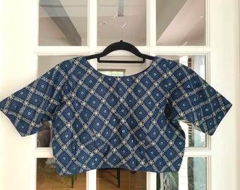 Bandhani Print Saree Blouse: Indian Crop Top Choli - Navy Blue, Ships from USA