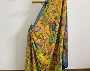 Mustard Kalamkari saree with Floral Vines & Twin Peacock Motif