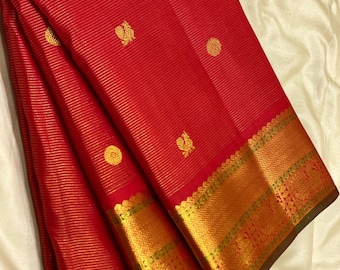 Handloom Kanjeevaram Silk Saree with Gold Zari Checks and Temple Border