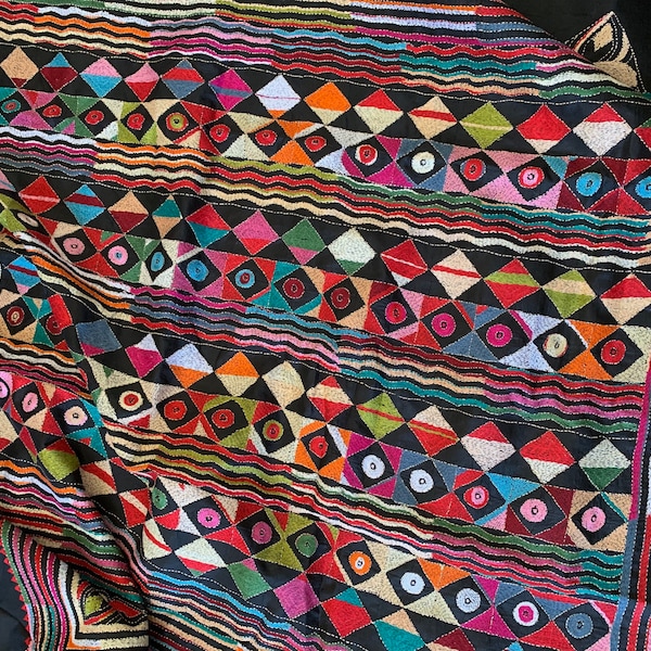 Beautiful Pure Black and multi colored geometric hand Nakshi  kantha embroidery on pure silk /Handloom saree/ Ships from USA/Singaara saree