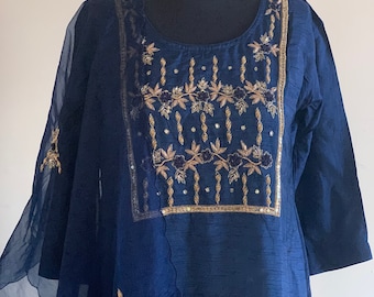 Hand Embroidered Kurta with Organza Dupatta - Indian Ethnic Tunic Dress