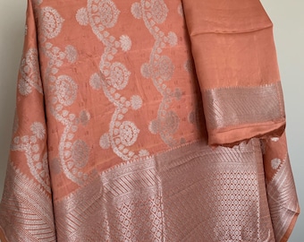 Banarasi Mashru Silk Saree: Handwoven Silver  Zari, Pastel Peach Wedding Sari, Gift for Mom
