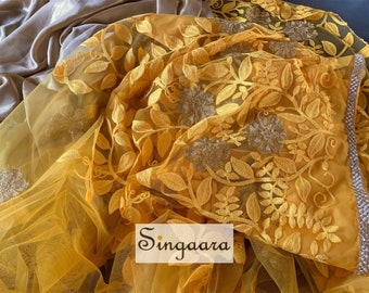 Shimmery Gold & Yellow Lace Saree with Blouse: Singaara, Ships from USA