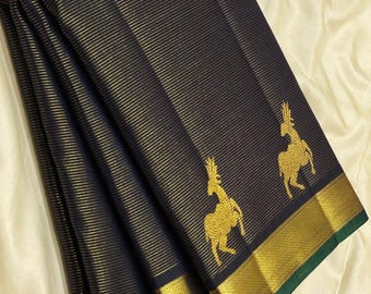 Black Kanchipuram Silk Saree / Vaira Oosi / Handloom/ Indian Saree with Zari