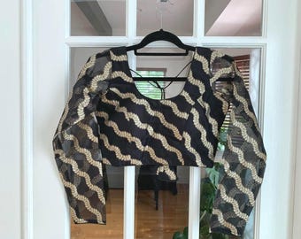 Readymade Saree Blouse: Indian Crop Top Choli - Wavy Leaf Design, Black