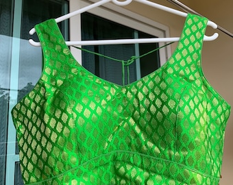 Parrot Green Brocade Saree Blouse: Indian Wedding Crop Top