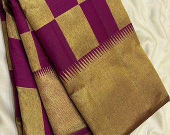 Handloom Kanchipuram Silk Saree: 2gm Gold Zari, check print