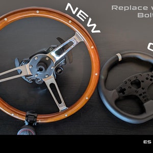 May include: Image shows two steering wheels: a new wooden wheel with silver spokes and a black wheel labeled "OLD". Text reads "Replace with any 70mm Bolt pattern wheel" and "ES to UNIVERSAL 70 mm WHEEL ADAPTER".